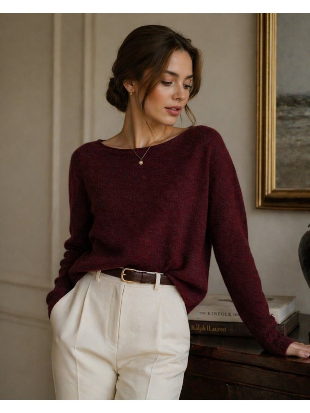 Naadam 100% Cashmere Sweater Burgundy Crew Neck Lightweight Knit Women Size S